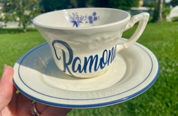 Cream Blue Flower Personalized Tea Cup and Saucer Set -  choose name -  tea party