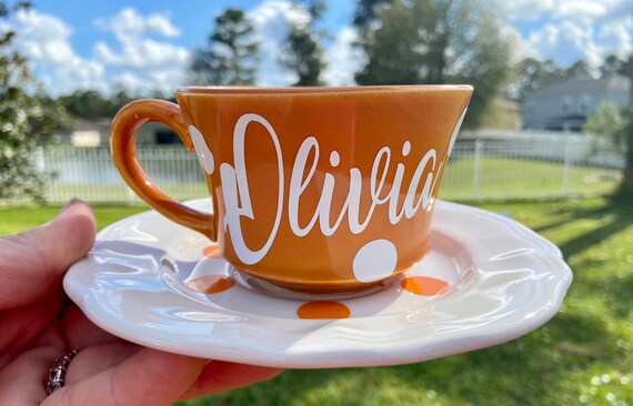 Personalized Tea Cup and Saucer Set - Choose Name - Orange and White Design