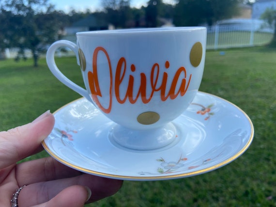 Personalized Tea Cup and Saucer Set - Floral Design - Choose Name - Beautiful floral design