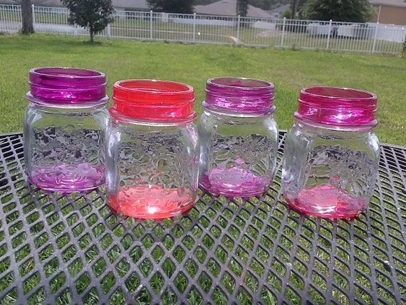 Mason Jar Shot Glasses - Set of Four - Raised Flower Mason Jars - Shades of Pink - Wedding - Bachelorette Parties - Wedding Favors
