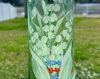 Couvercle chope en étain de pichet en verre antique allemand - Floral peint à la main en verre