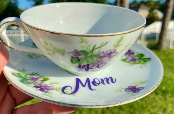 Personalized Tea Cup and Saucer Set - Vintage Tea Cup and Saucer - Floral Design - Forget me Not Tea Cup Set