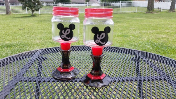 Personalized Mickey Mouse Mason Jar Wine Glass - Colored Glass - Black and Red - One Glass - Birthday Party - Monogrammed