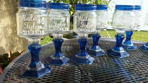 Colbalt Blue Mason Jar Wine Glass - Personalized or Mongrammed - Colored Glass -One Glass - Weddings - Bachelorette Parties