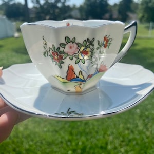 Vintage Japan Handpainted Village  Tea Cup and Saucer Set - beautiful design