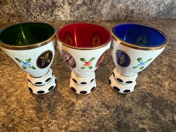 Vintage Bohemian Czech White Cased Bud Vases - Blue - Green and Cranberry - Includes all three