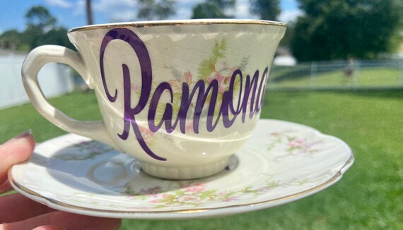 Personalized Tea Cup and Saucer Set - vintage English tea cup - floral and gold design.