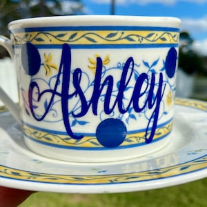 Tea Cup and Saucer Set - Personalized Tea Cup Set - Blue and Yellow Tea Cup Set.