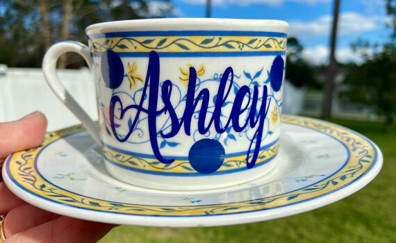 Tea Cup and Saucer Set - Personalized Tea Cup Set - Blue and Yellow Tea Cup Set.