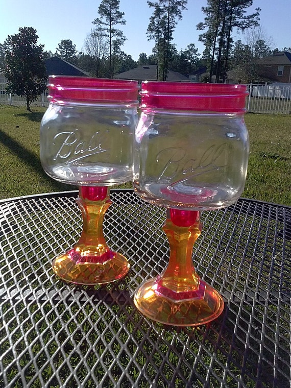 PAIR - Mason Jar Margarita or Sangria Glass - 16oz Square Elite - Hot Pink- Orange - Bachelorette Glasses- Wedding Glasses