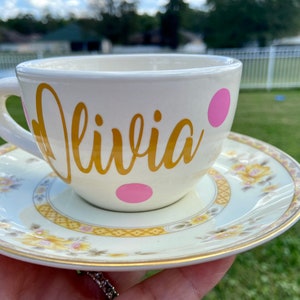 Personalized Tea Cup and Saucer Set - Choose Name - yellow and pink design