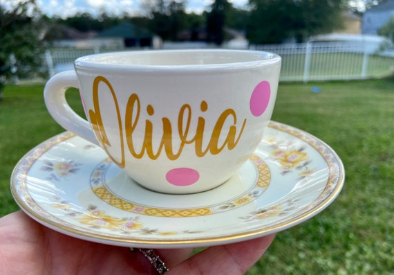Personalized Tea Cup and Saucer Set - Choose Name - yellow and pink design