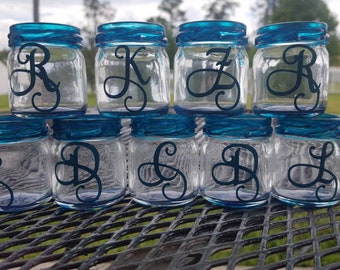 Personalized Mini  Mason Jar Shot Glasses - Set of TEN -Monogramed Glass - Custom Order- Wedding Favors - Bachelorette Glasses -Mason Jar