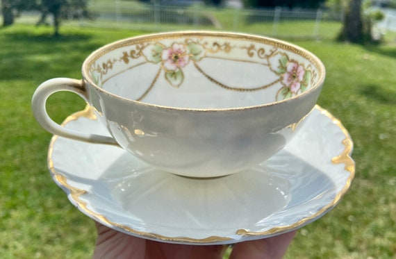 Vintage Hand painted Nippon Tea Cup - Floral Design- bone white with gold