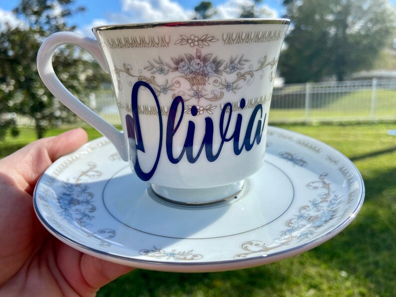 Personalized Tea Cup and Saucer Set Choose Name Silver Etsy
