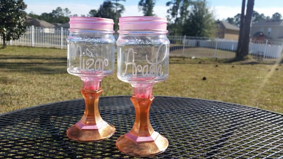 Personalized Mason Jar Wine Glass - Colored Glass - Gold and Pink - One Glass - Weddings  Bachelorette Parties- Birthday Party - Monogrammed