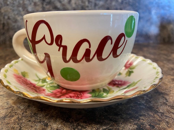 Tea Cup and Saucer Set - Custom Tea Cup- Pink Tea Cup -  Birthday Gift -  Personalized Tea Cup