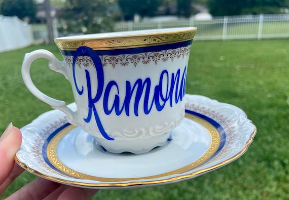 Gold and Blue Bavaria Personalized Tea Cup and Saucer Set -  choose name -  tea party