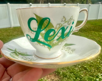 Personalized Tea Cup and Saucer Set - Vintage Green and Gold Design - Customized.