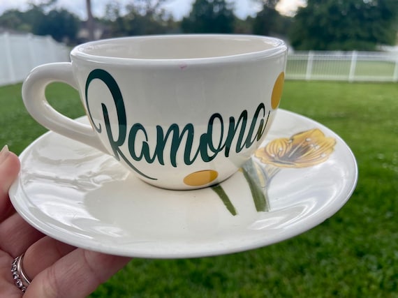Personalized Tea Cup and Saucer Set - Choose Name - Yellow Floral Design - iris