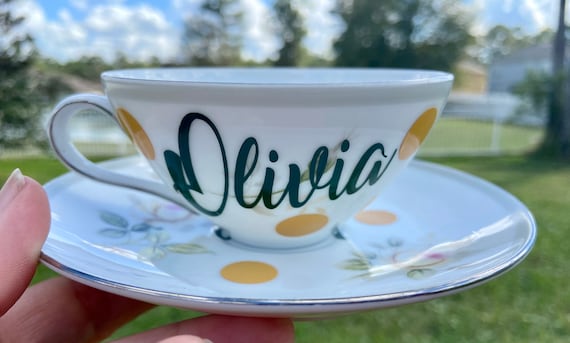 Personalized Tea Cup and Saucer Set - Choose Name - Coffee Cup and Saucer Set.  Floral design