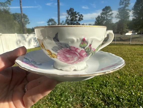 Vintage Bohemian Czech Floral Tea Cup and Saucers - Set of Five - rare find