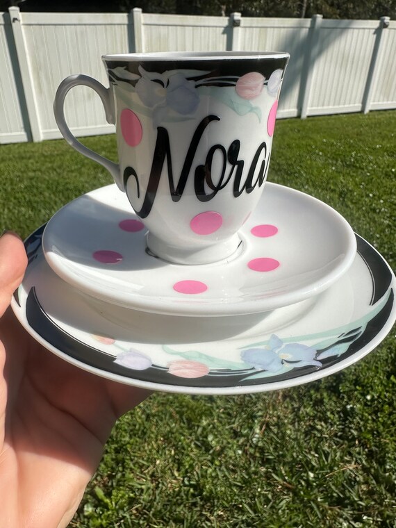 Floral Pink and Black  Personalized Tea Cup and Saucer Set -  choose name -  tea party