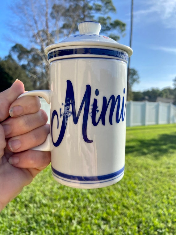 Personalized Tea Cup with loose tea insert and lid - Cobalt Blue Flower Design - choose name.