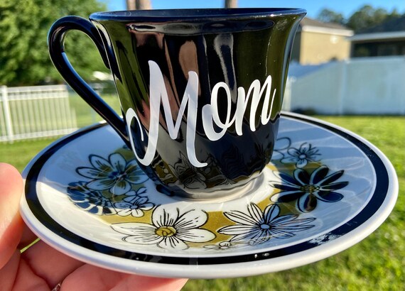 Personalized Tea Cup and Saucer Set - Floral Design - Choose Name - Olive Green White and Black Design - Coffee Cup