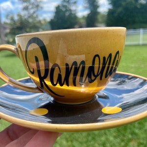 Personalized Tea Cup and Saucer Set - Mustard yellow and black
