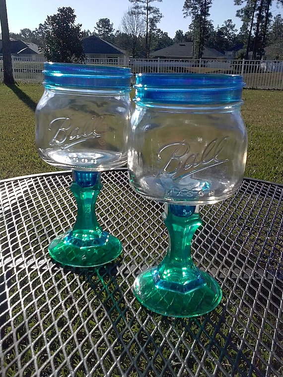 PAIR - Mason Jar Margarita or Sangria Glass - 16oz Square Elite - Royal Blue - Emerald Green - Bachelorette Orders Welcome - Wedding