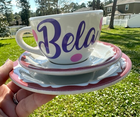 Pink and Cream Scalloped  Personalized Tea Cup and Saucer Set -  choose name -  tea party