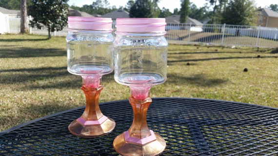 Pair Mason Jar Wine Glass - Colored Glass - PINK and GOLD -  Weddings - Bachelorette Parties- Birthday Party - Cocktail