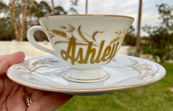 Personalized Tea Cup and Saucer Set - Cream and Gold Tea Cup - Wheat Tea Cup Set