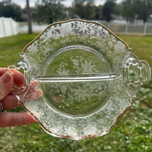 Cambridge Clear Glass Two Part Relish Tray with Gold Trim - Floral Pattern