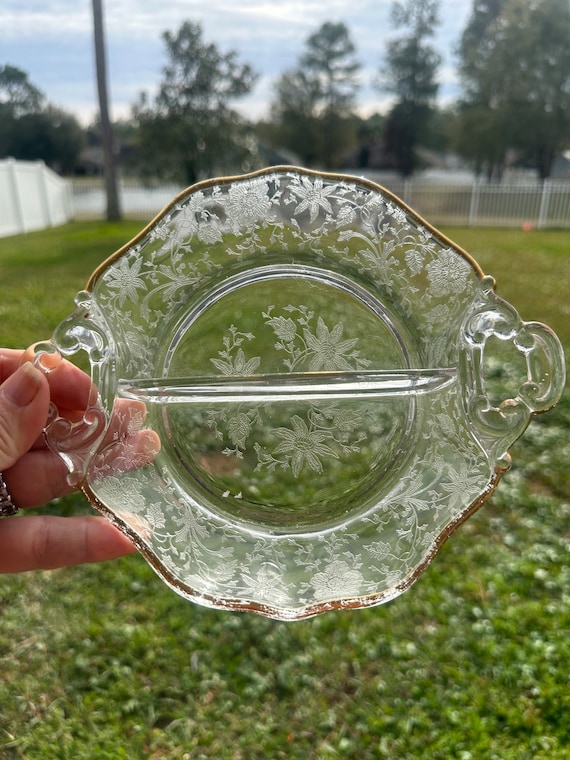 Cambridge Clear Glass Two Part Relish Tray with Gold Trim - Floral Pattern