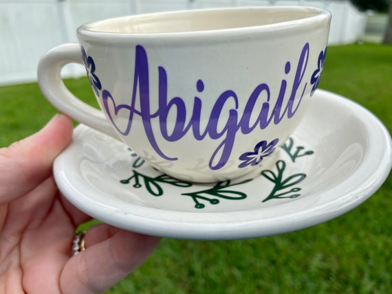 Personalized Tea Cup and Saucer Set - Floral and leave design - choose your lettering and colors.