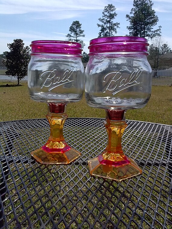 PAIR - Mason Jar Margarita or Sangria Glass - 16oz Square Elite - Hot Pink - Orange and Brown - Bachelorette Orders Welcome - Weddings