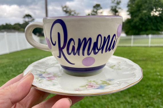 Personalized Tea Cup and Saucer Set - Choose Name - Cream with Floral Design