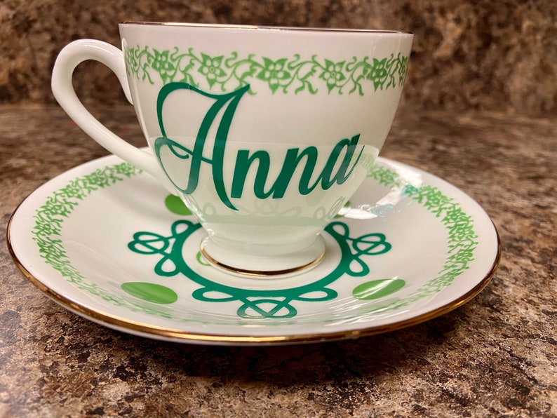 Personalized Tea Cup and Saucer Set Vintage Green and Gold Etsy