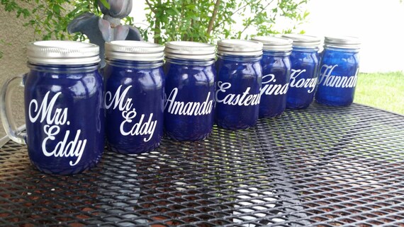 16 oz  Personalized  MASON JAR Sippy Tumbler - Glass with Handle - Choose your Color -  Birthday Party- Personalized Gifts - Cobalt Blue