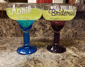 BRIDESMAID MARGARITA GLASS - Custom Color - Colored Glassware - Holiday Gift - Engagement Party Glass - Bachelorete Party - Wedding Gifts