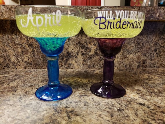 BRIDESMAID MARGARITA GLASS - Custom Color - Colored Glassware - Holiday Gift - Engagement Party Glass - Bachelorete Party - Wedding Gifts