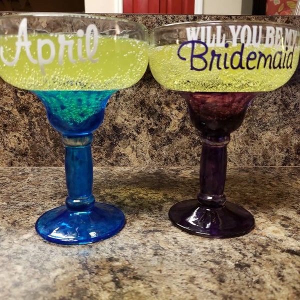 BRIDESMAID MARGARITA GLASS - Custom Color - Colored Glassware - Holiday Gift - Engagement Party Glass - Bachelorete Party - Wedding Gifts