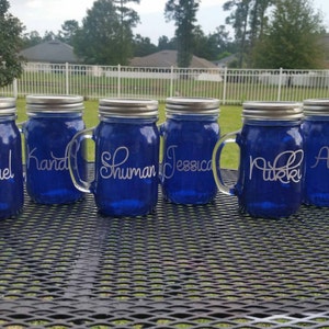 16 oz  Personalized Wedding MASON JAR Glass with Handle - Blue Glassware -Personalized Gifts - Cobalt Blue Glass - Mason Jar Glass