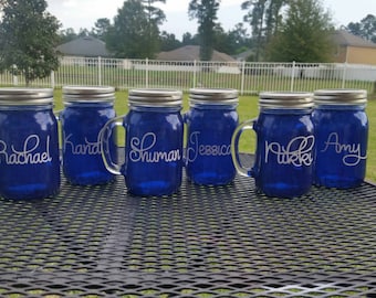 16 oz  Personalized Wedding MASON JAR Sippy Tumbler Glass with Handle - Choose your Color -Personalized Gifts - Cobalt Blue