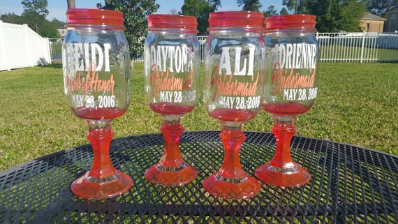 Monogramed Mason Jar Wine  Glasses Ball Mason Jar Margarita or Sangria Glass CHOOSE Your Colors - 16oz Ball Mason Jars - Wedding Party