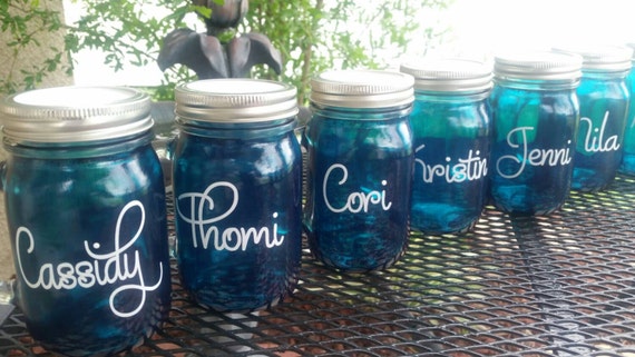 Teal Personalized 16 oz  MASON JAR Sippy Tumbler - Glass with Handle  Bachelorette Party - Baby Showers - Weddings Welcome- Choose color