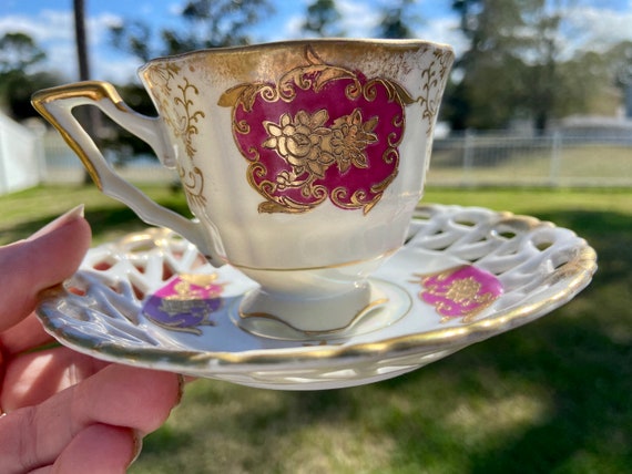 Vintage O’Norleans Floral Tea Cup Set - Japan Tea Cup- Hand painted - burgundy and gold