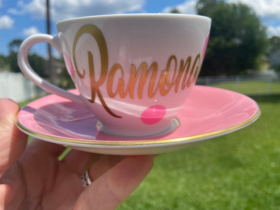 Personalized Tea Cup and Saucer Set - vintage English tea cup - Pink and White.